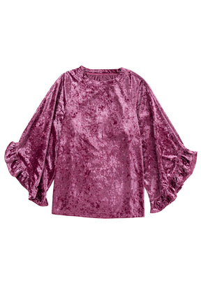 Red Dahlia Ruffle Bell Sleeve Loose Velvet Blouse-True and Wild