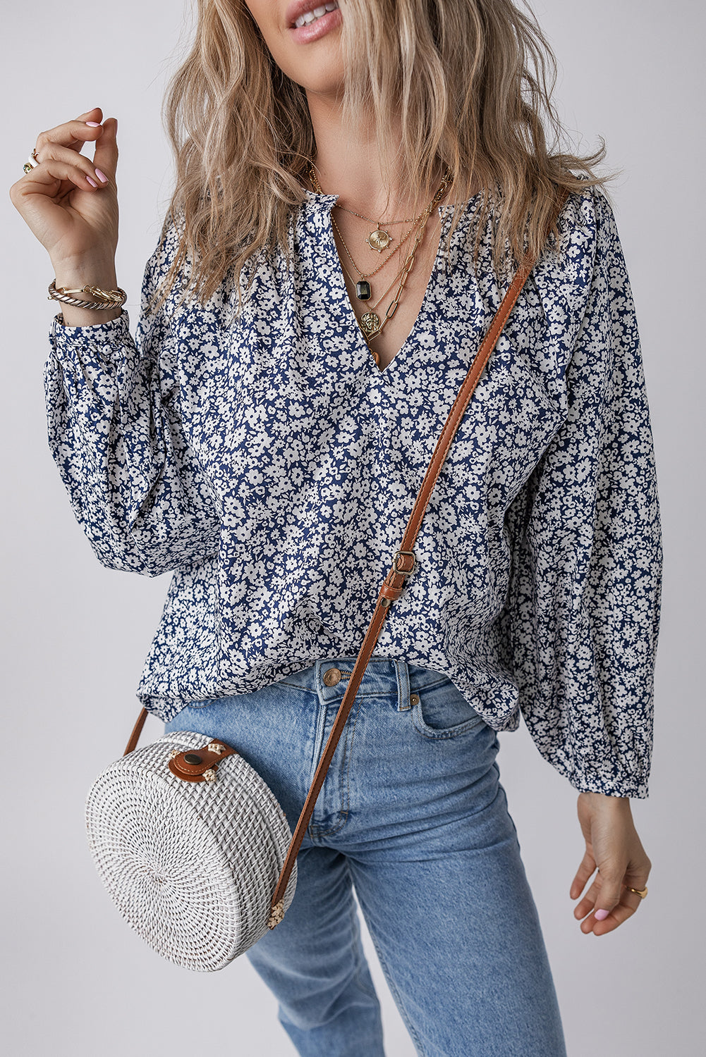 Blue Floral Print Notched V Neck Puff Sleeve Blouse-True and Wild