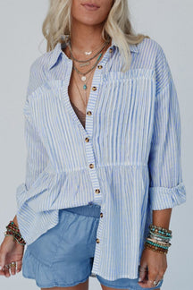 High-Low Striped Collared Neck Long Sleeve Shirt-True and Wild