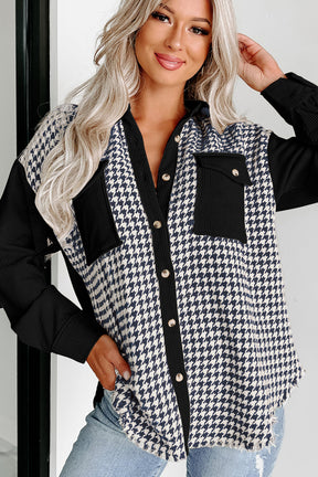 Black Houndstooth Corduroy Patchwork Flap Pocket Shacket-True and Wild