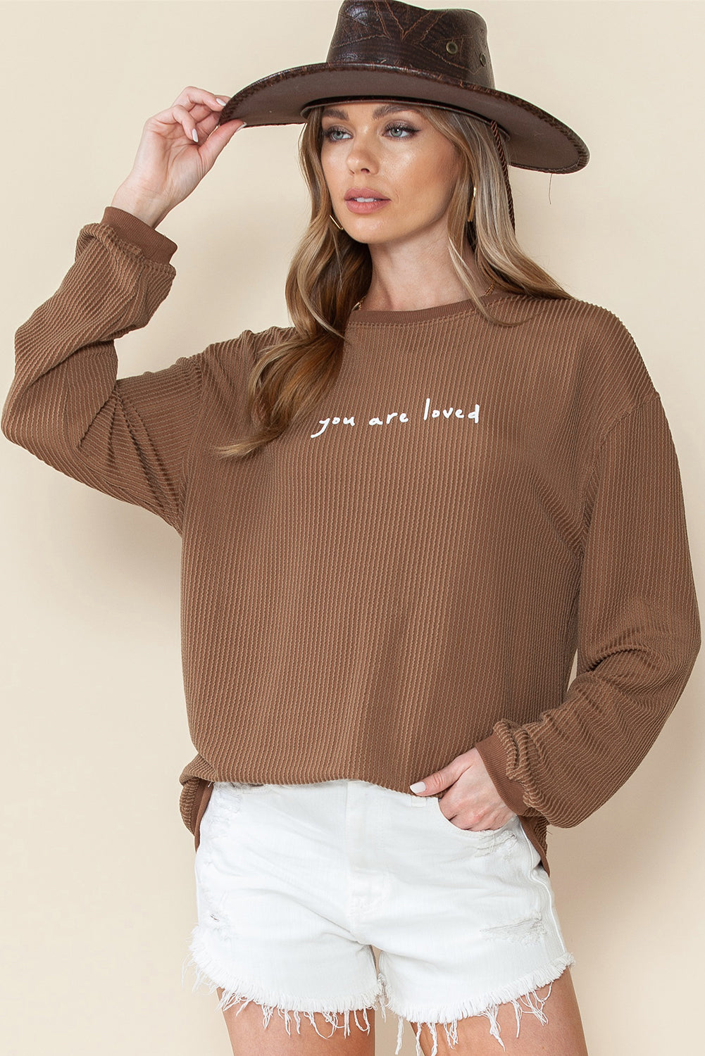 Khaki You Are Loved Print Crinkle Rib Sweatshirt-True and Wild