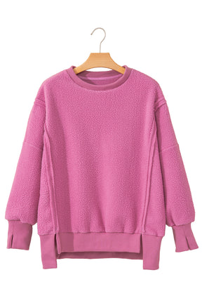 Bright Pink Sherpa Seamed Drop Shoulder Oversized Sweatshirt-True and Wild