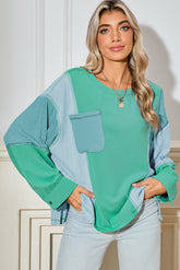 Green Colorblock Patchwork Waffle Buttoned Cuffs Top-True and Wild