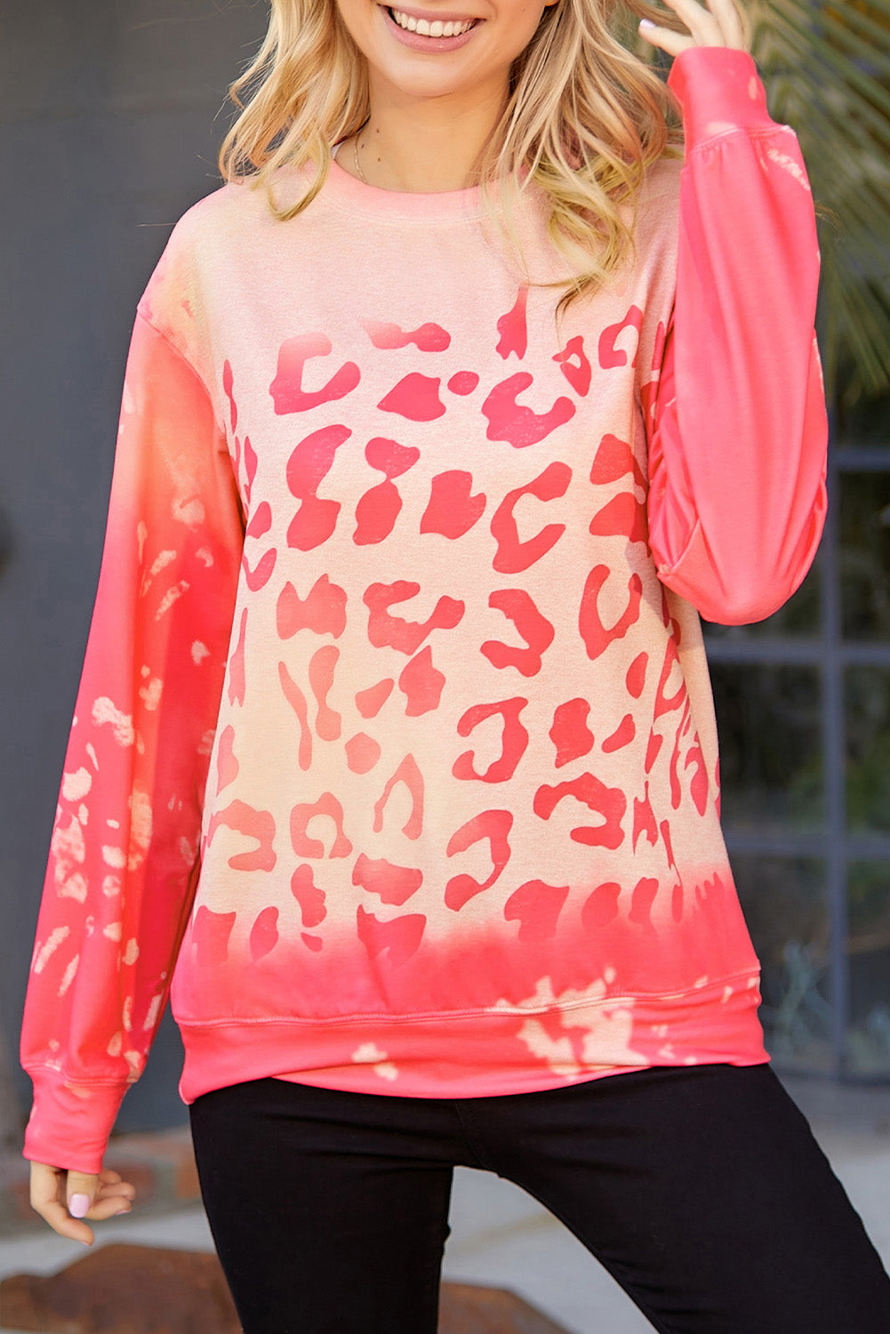 Pink Cheetah Print Drop Sleeve Bleached Sweatshirt-True and Wild