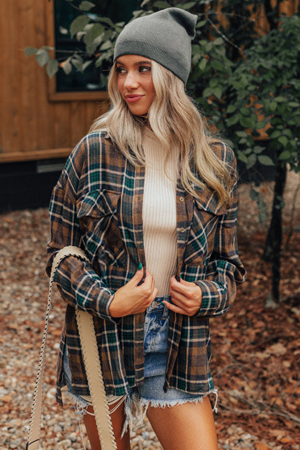 Plaid Collared Neck Button Up Jacket-True and Wild