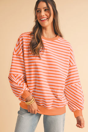 Blue Stripe Drop Shoulder Crew Neck Loose Sweatshirt-True and Wild