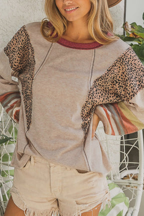 Khaki Leopard Contrast Exposed Seam Long Sleeve Top-True and Wild