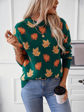 Maple Leaf Round Neck Long Sleeve Sweater-True and Wild