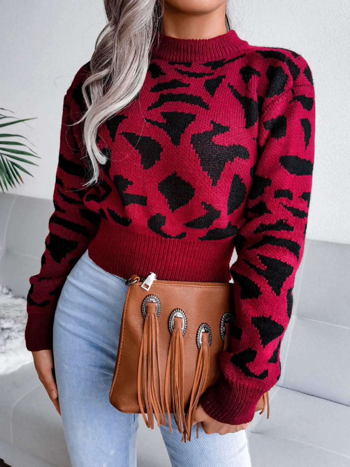 Leopard Round Neck Dropped Shoulder Sweater-True and Wild