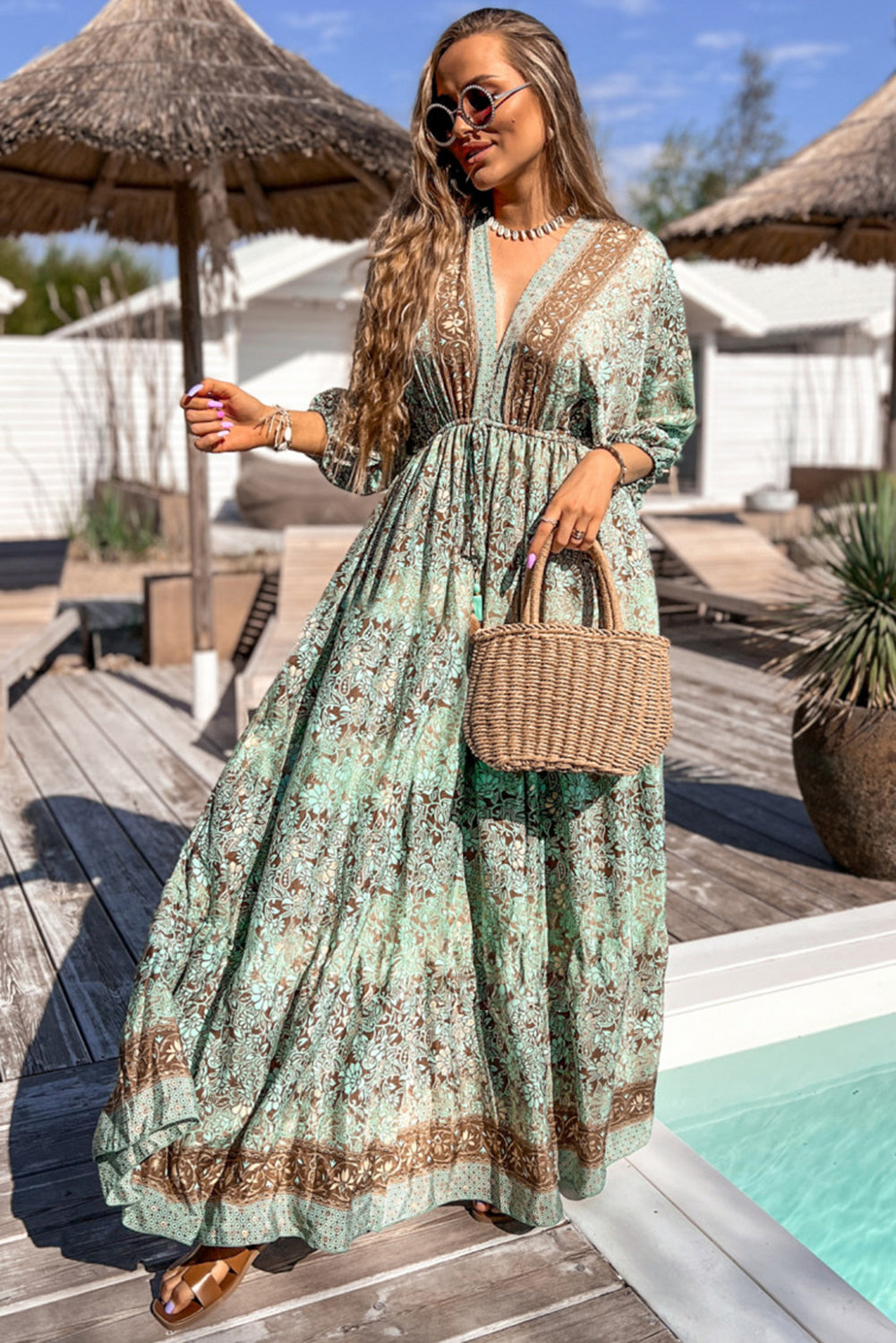 Green Boho Floral Print Backless Drawstring High Waist Maxi Dress-True and Wild