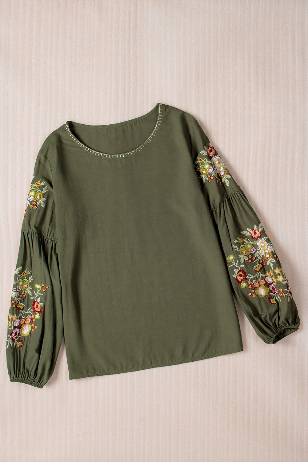 Olive Green Flower Embroidered Long Sleeve Blouse-True and Wild