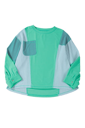 Green Colorblock Patchwork Waffle Buttoned Cuffs Top-True and Wild