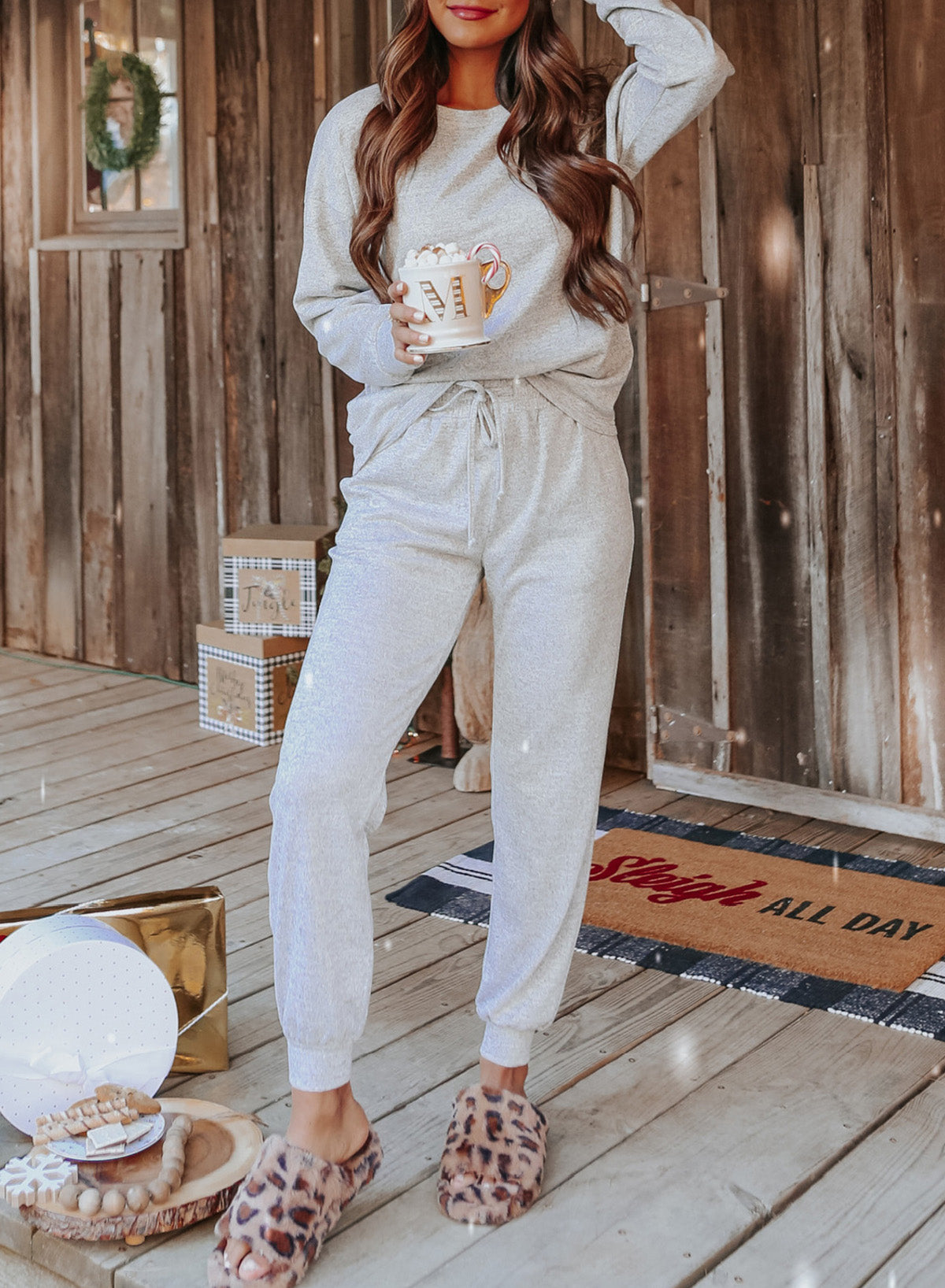 Red Casual Long Sleeve Pullover & Joggers Pajamas Set-True and Wild