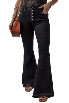 Black High Waist Button Front Flare Jeans-True and Wild