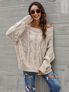 Cable Knit Openwork Off-Shoulder Sweater-True and Wild