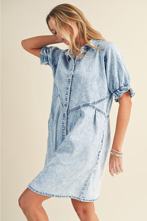 Blue Mineral Washed Ruffled Short Sleeve Pocketed Denim Dress-True and Wild