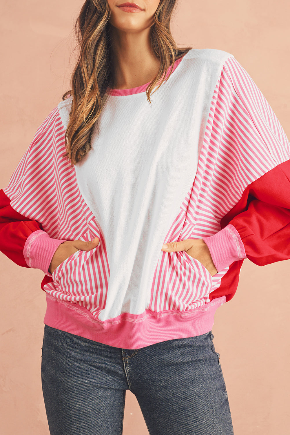 Rose Red Striped Patchwork Side Pocket Loose Sweatshirt-True and Wild