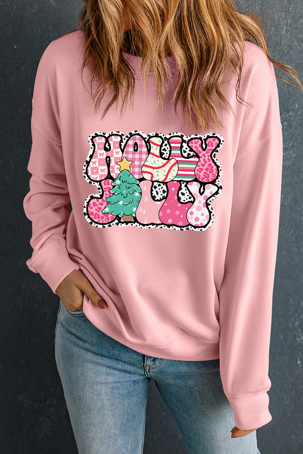 Pink Letter Print Christmas Graphic Crew Neck Sweatshirt-True and Wild