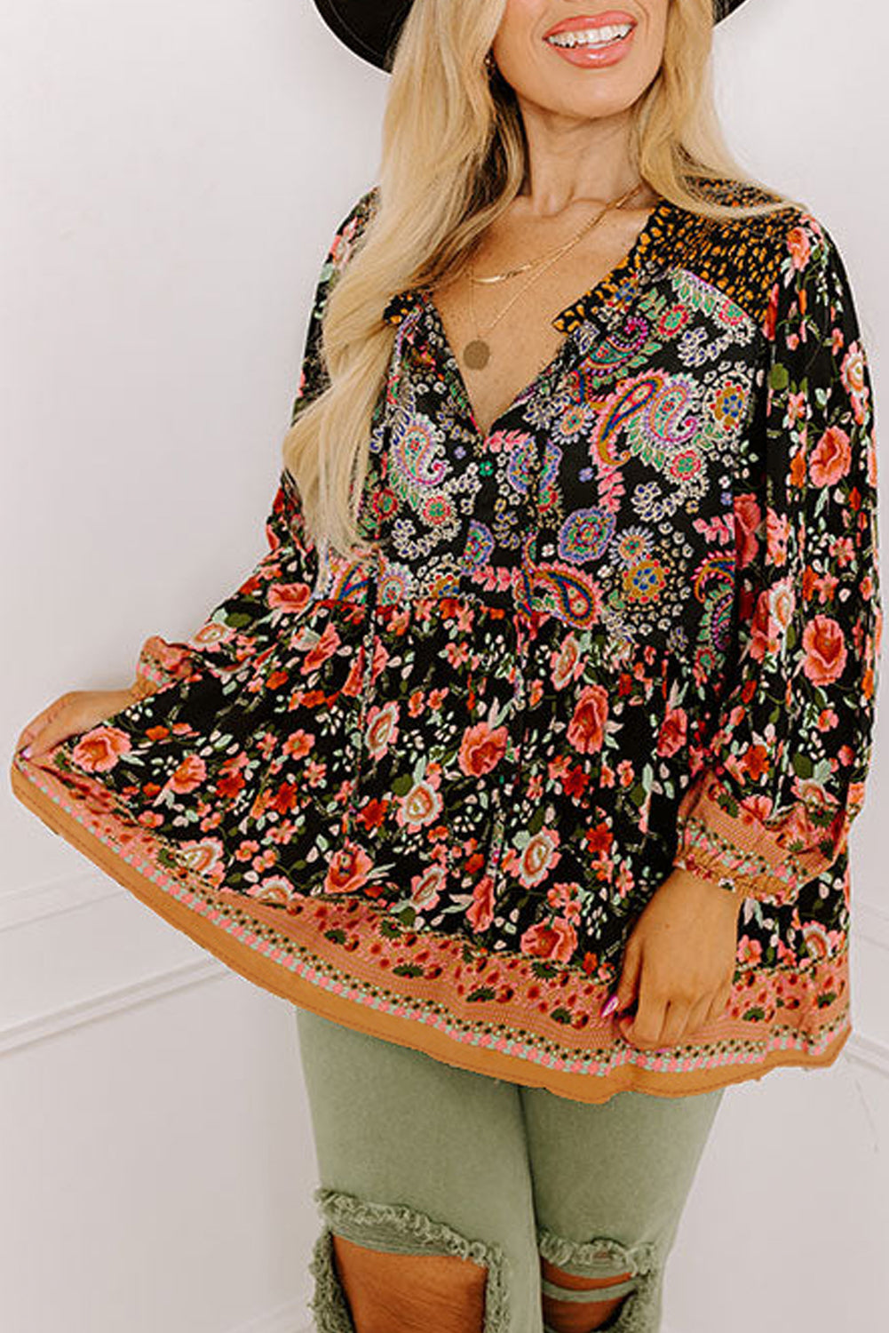 Black Plus Size Paisley Print V Neck Bubble Sleeve Blouse-True and Wild