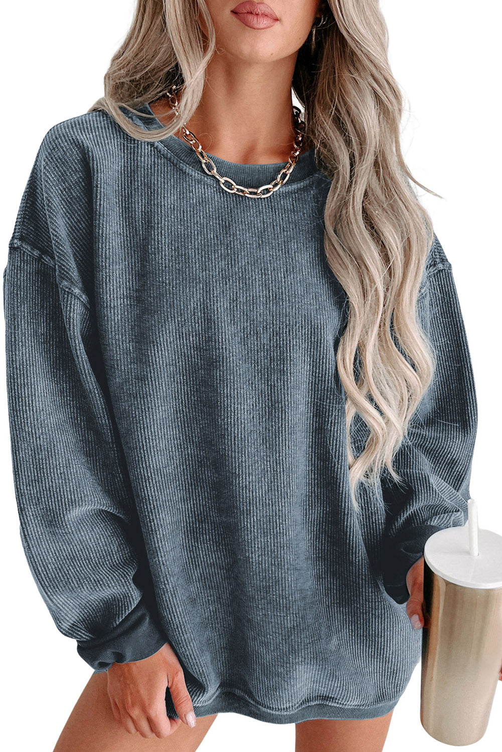 Pink Solid Ribbed Round Neck Pullover Sweatshirt-True and Wild