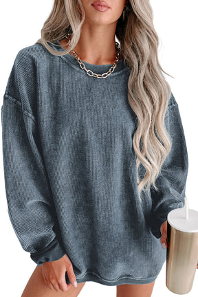 Pink Solid Ribbed Round Neck Pullover Sweatshirt-True and Wild