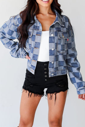 Checkered Button Up Denim Jacket