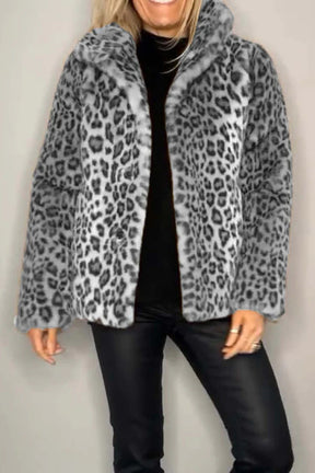 Full Size Leopard Furry Collared Neck Long Sleeve Coat-True and Wild