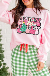 Pink Letter Print Christmas Graphic Crew Neck Sweatshirt-True and Wild