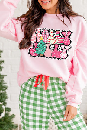 Pink Letter Print Christmas Graphic Crew Neck Sweatshirt-True and Wild