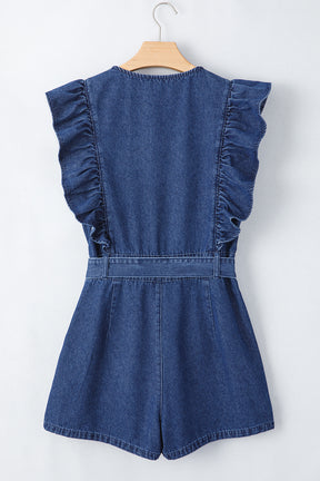 Sail Blue Denim Ruffled Zipped Front Belted Romper