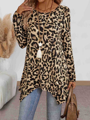 Leopard Round Neck Long Sleeve T-Shirt-True and Wild