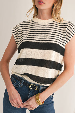 Black White Striped Sleeveless Knit Top-True and Wild