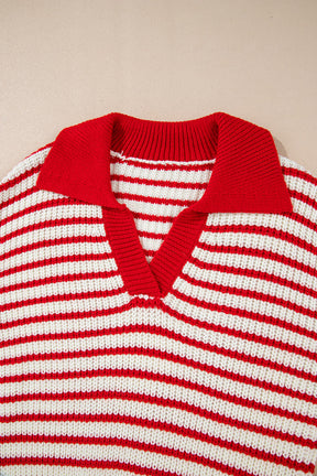 Striped Johnny Collar Long Sleeve Sweater