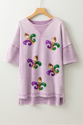 Orchid Petal Mardi Gras Graphic Drop Sleeve Round Neck Top