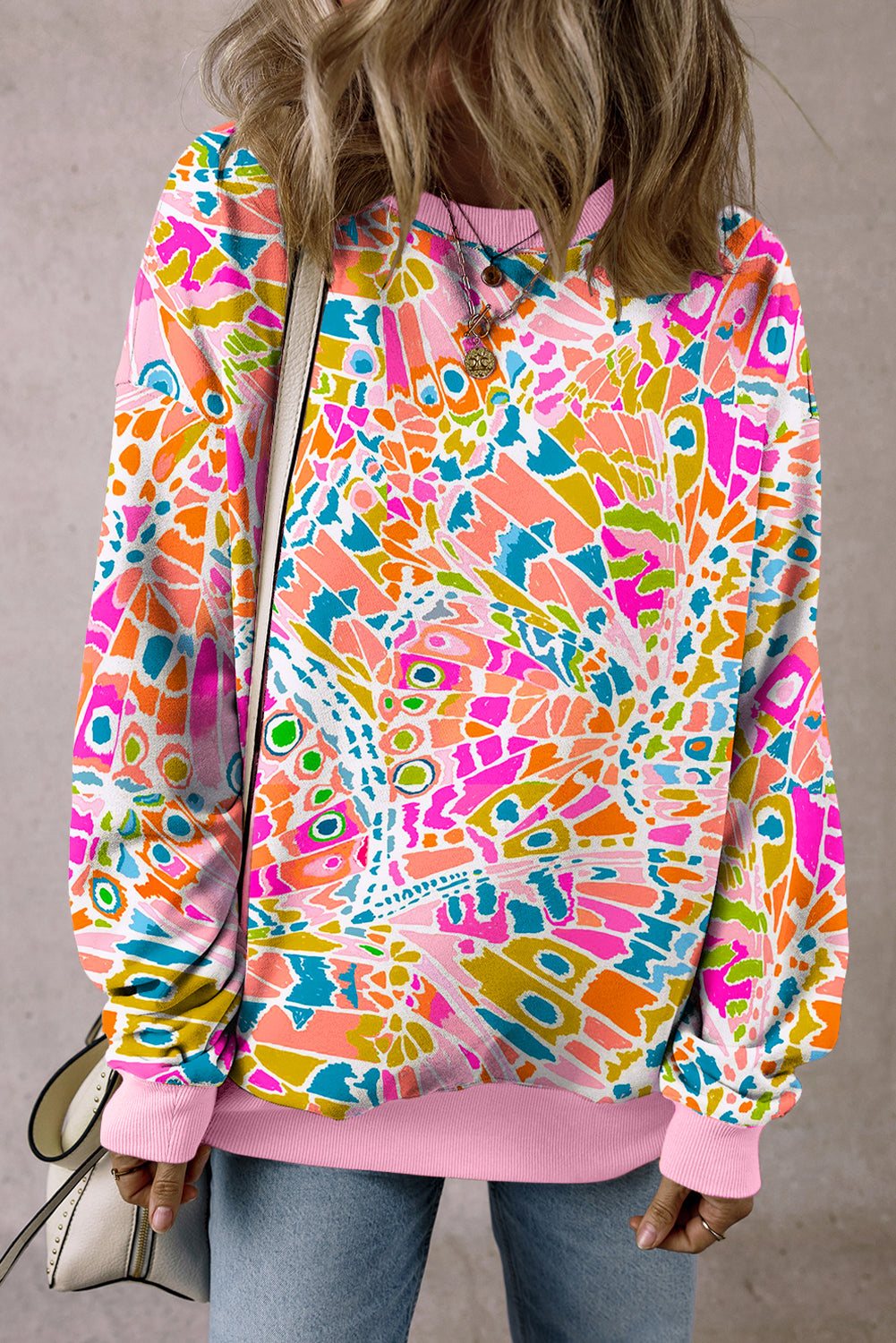 Pink Abstract Print Drop Shoulder Sweatshirt-True and Wild