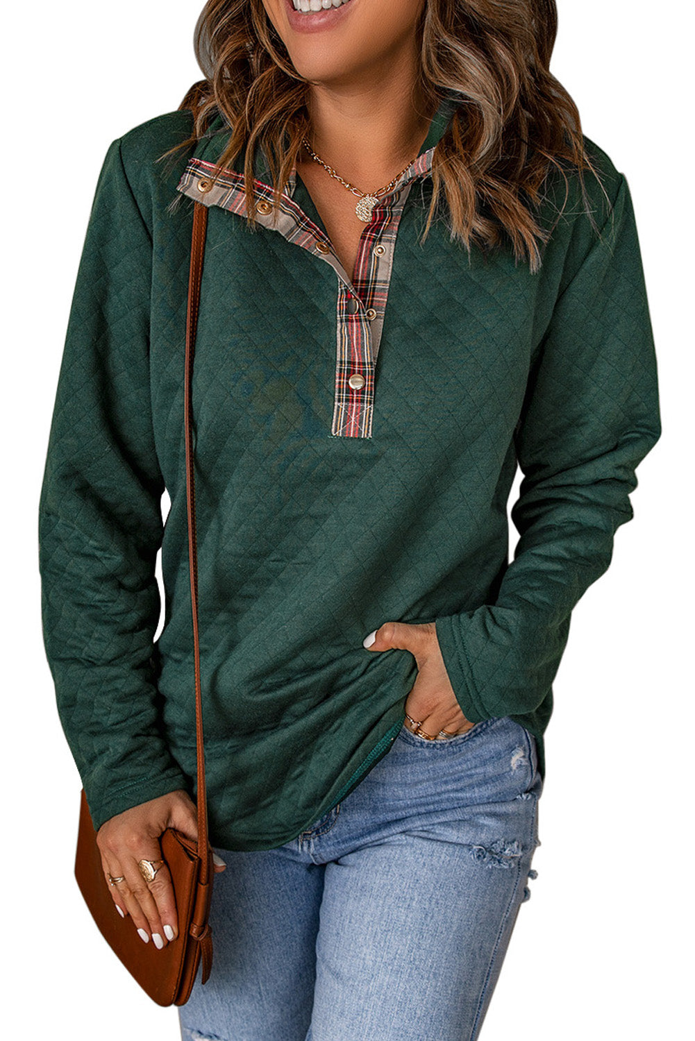 Red Plaid Geometric Texture Trim Button Neck Sweatshirt-True and Wild