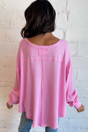 Pink Waffle Textured V-Neck Oversized Top-True and Wild