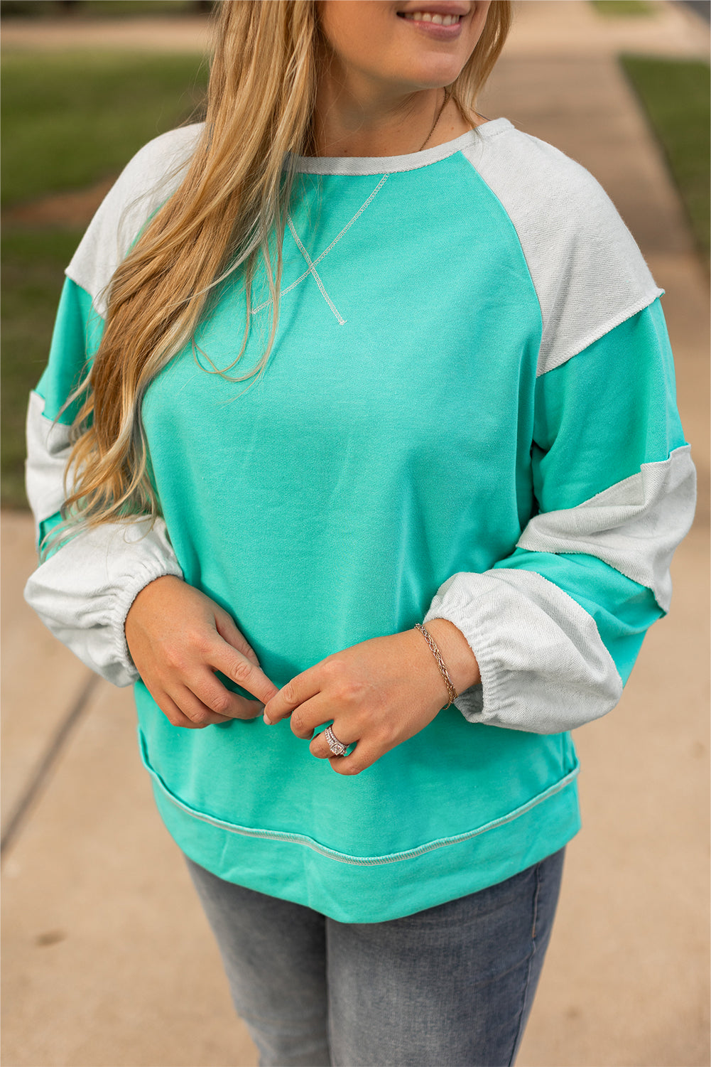 Aruba Blue Colorblock Patchwork Plus Sweatshirt-True and Wild