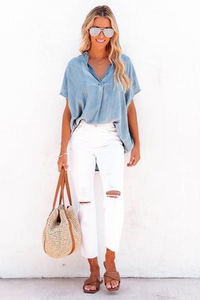 Sky Blue Split V Neck Loose Denim Blouse