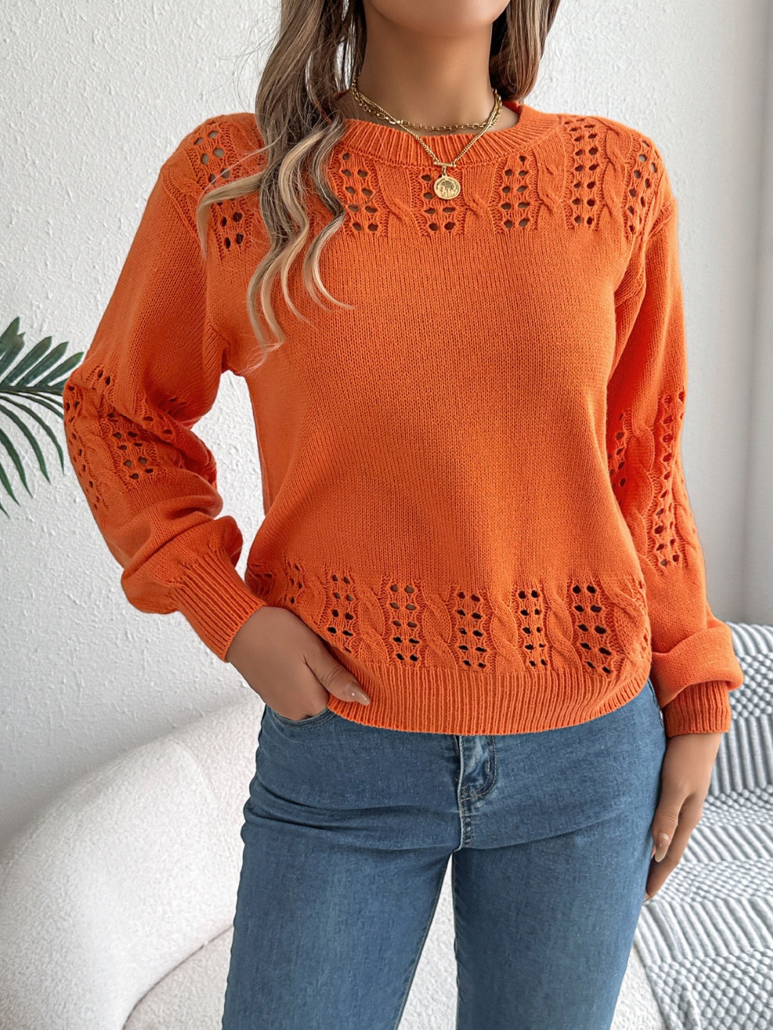 Openwork Round Neck Long Sleeve Sweater-True and Wild