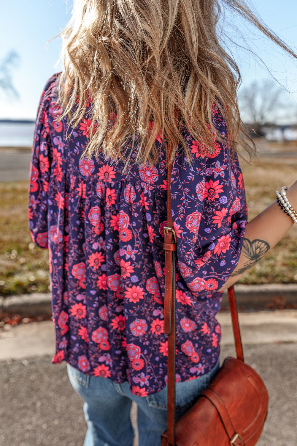 Purple Floral Puff Half Sleeve Split Neck Blouse-True and Wild