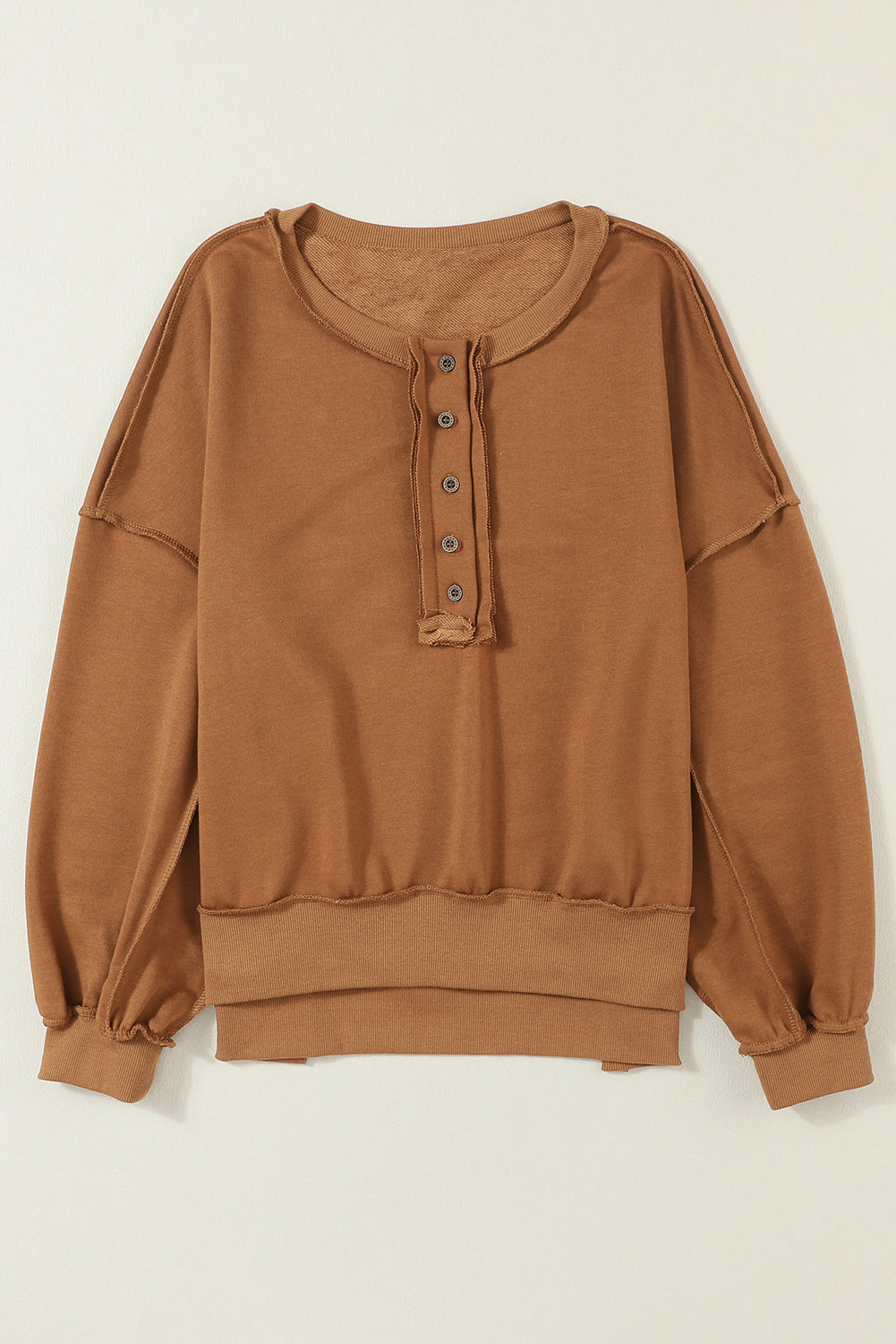 Chestnut Slouchy Drop Shoulder Henley Sweatshirt-True and Wild