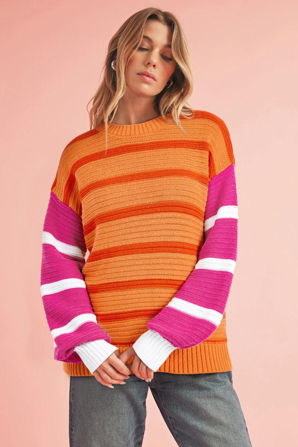 Orange Striped Colorblock Puff Sleeve Sweater-True and Wild