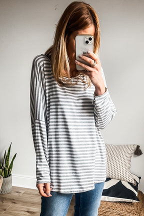 Gray Stripe Drop Sleeve Round Neck Oversized Top-True and Wild