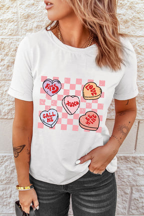 White Checkered Valentines Heart Printed Crewneck T Shirt