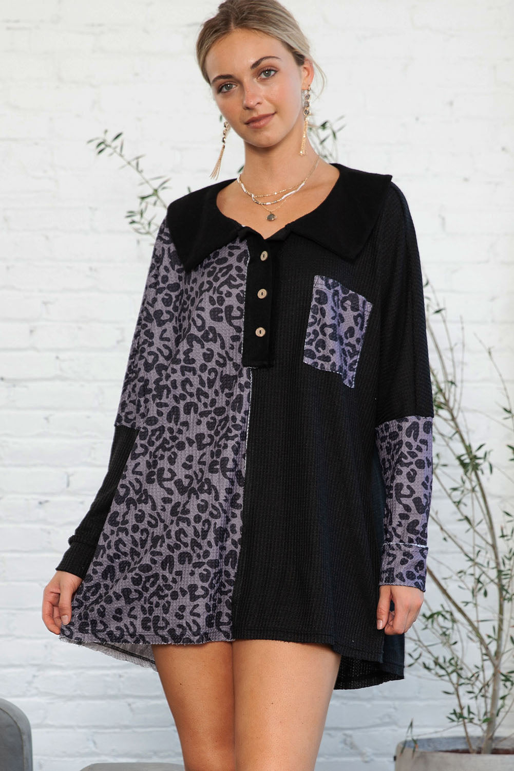 Black Waffle Knit and Leopard Print Color Block Oversized Henley Shirt-True and Wild