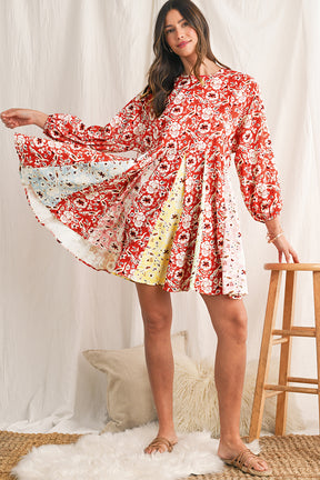 Red Boho Floral Patchwork Long Sleeve Pleated Dress-True and Wild