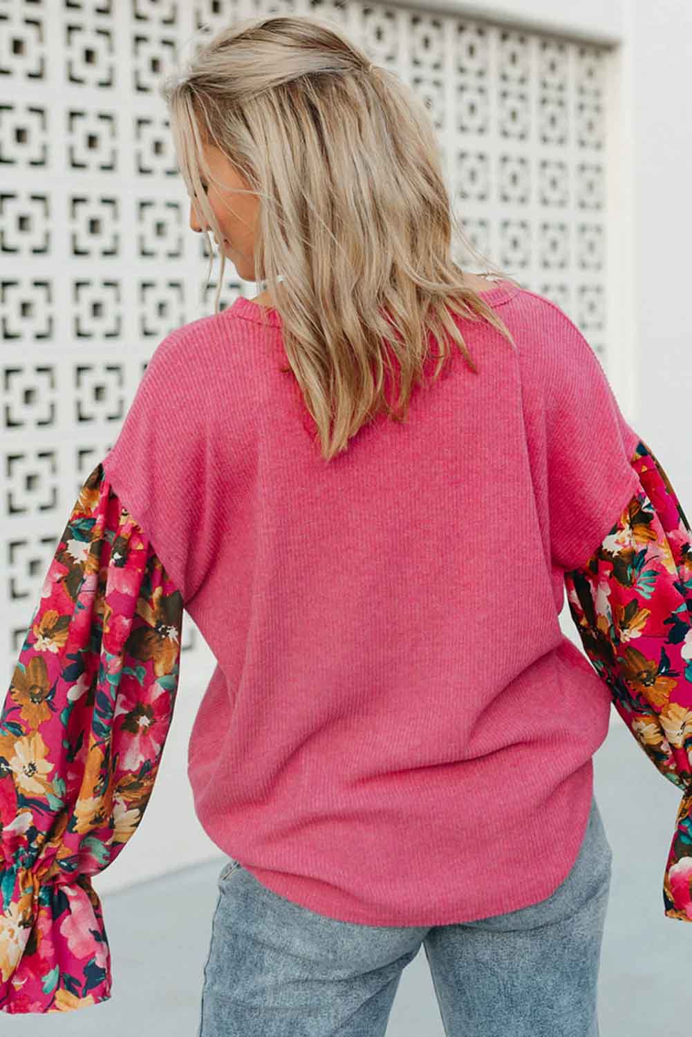 Long Sleeve Tops - Sachet Pink Flower Patchwork Ribbed Knit Drop Shoulder Top