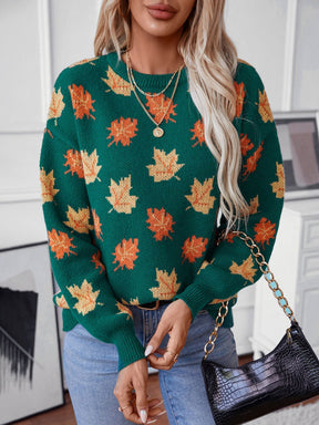 Maple Leaf Round Neck Long Sleeve Sweater-True and Wild