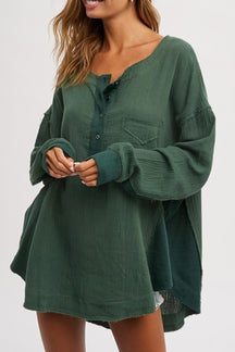 Green Solid Color Crinkled Patchwork Henley Blouse-True and Wild